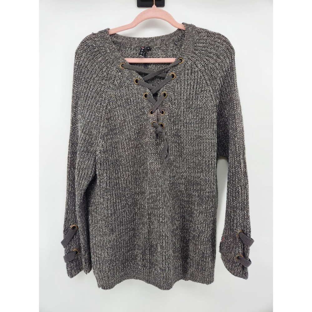 Poof Size 1X Long Sleeve‎ Lightweight Solid Gray Women's Sweater Tie Accents
